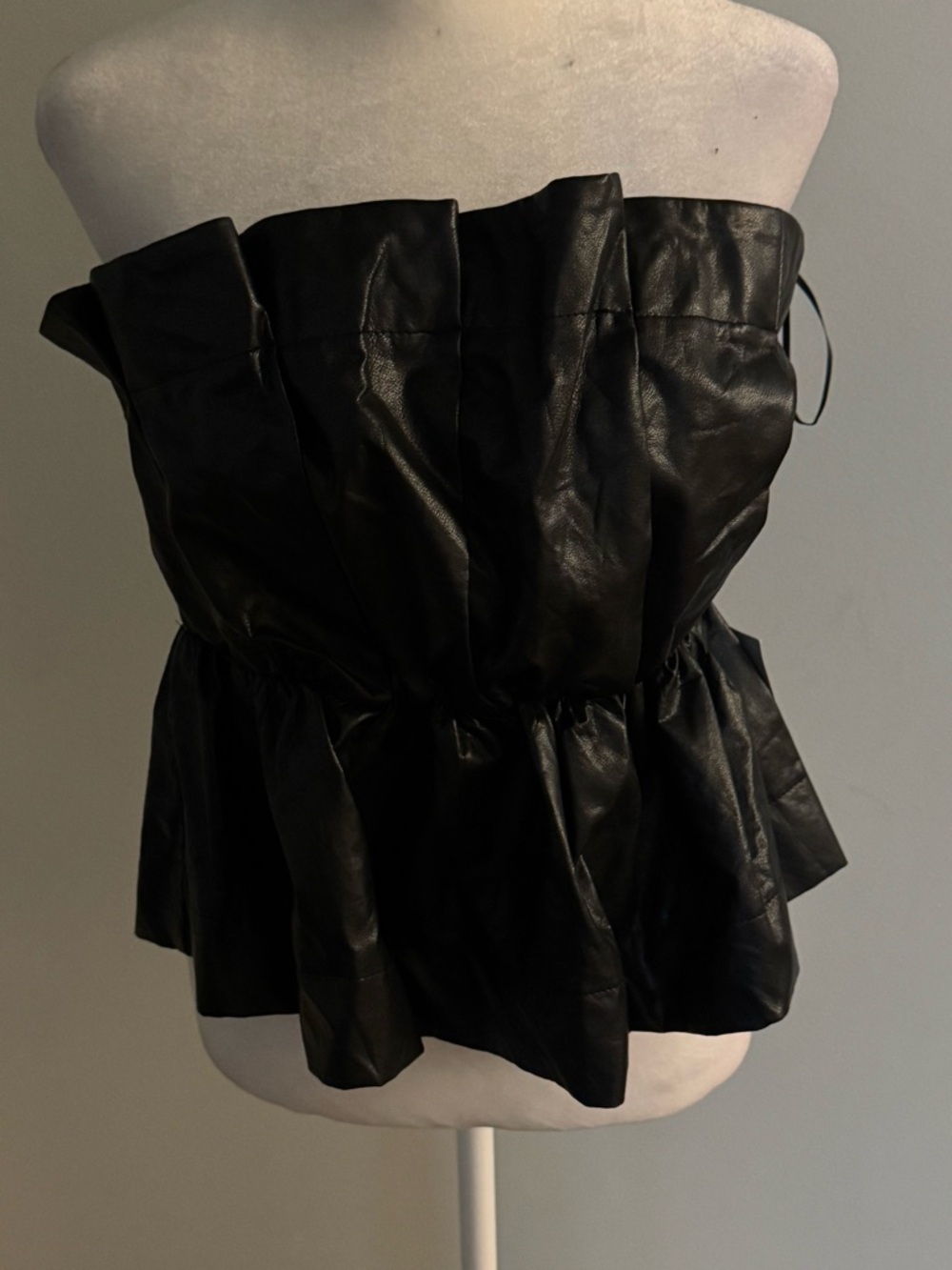 Black Faux Leather Strapless Peplum Top